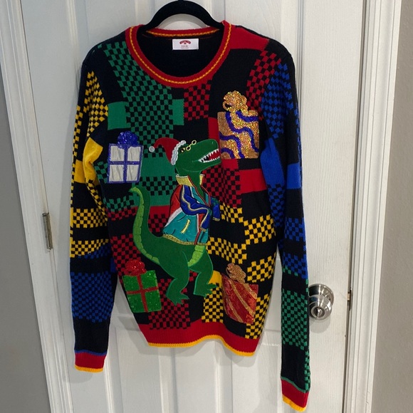 Holiday Time Sweaters - Holiday Time Ugly Christmas Sweater checkerboard t-Rex sequins oversized small